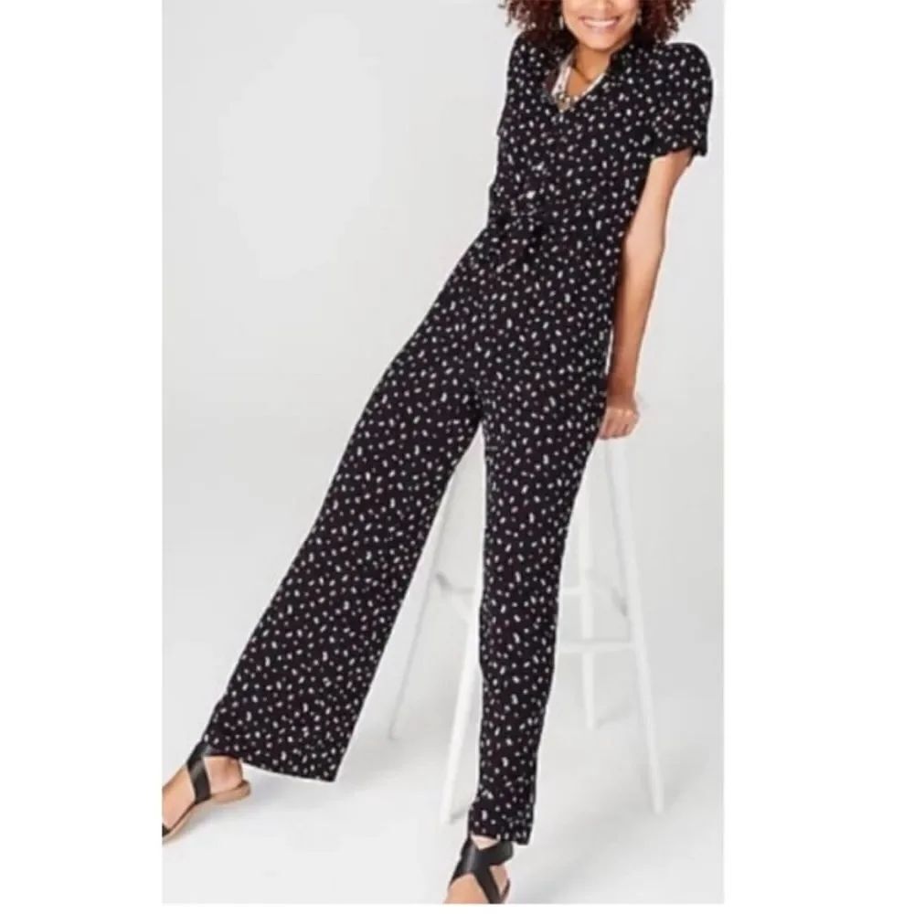 J.Jill Black Floral Design Wide Leg Boho Buttons Pockets Jumpsuit Contemporary - Picture 3 of 17